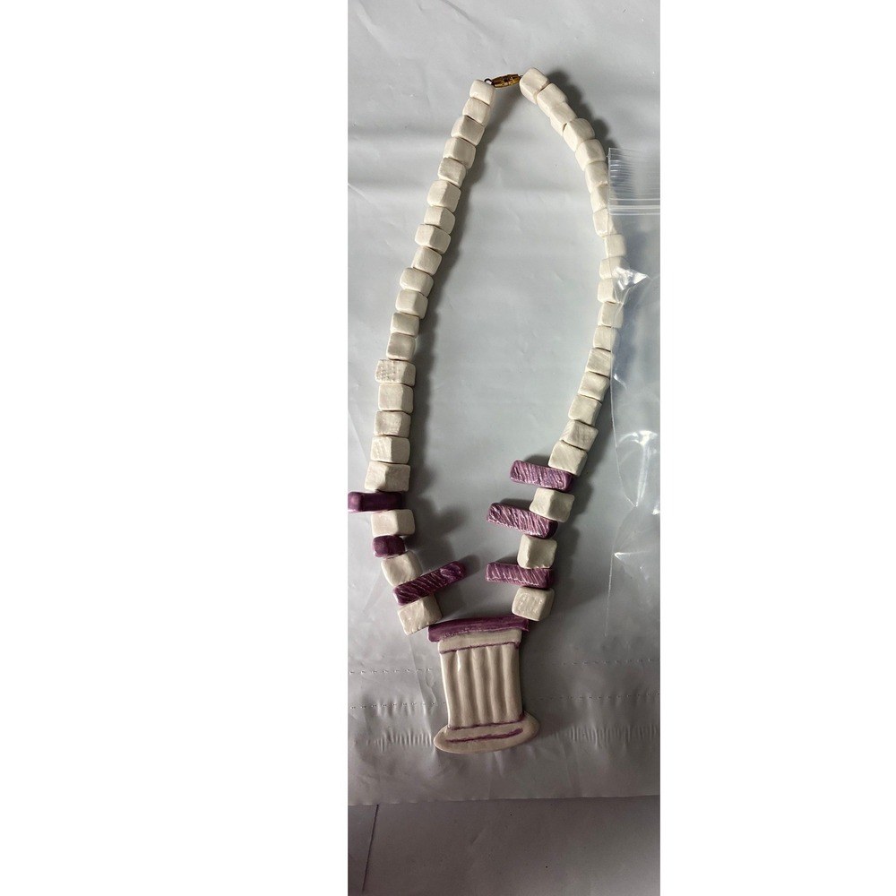 Unique White Cube Bead Necklace with Purple Accent Pendant